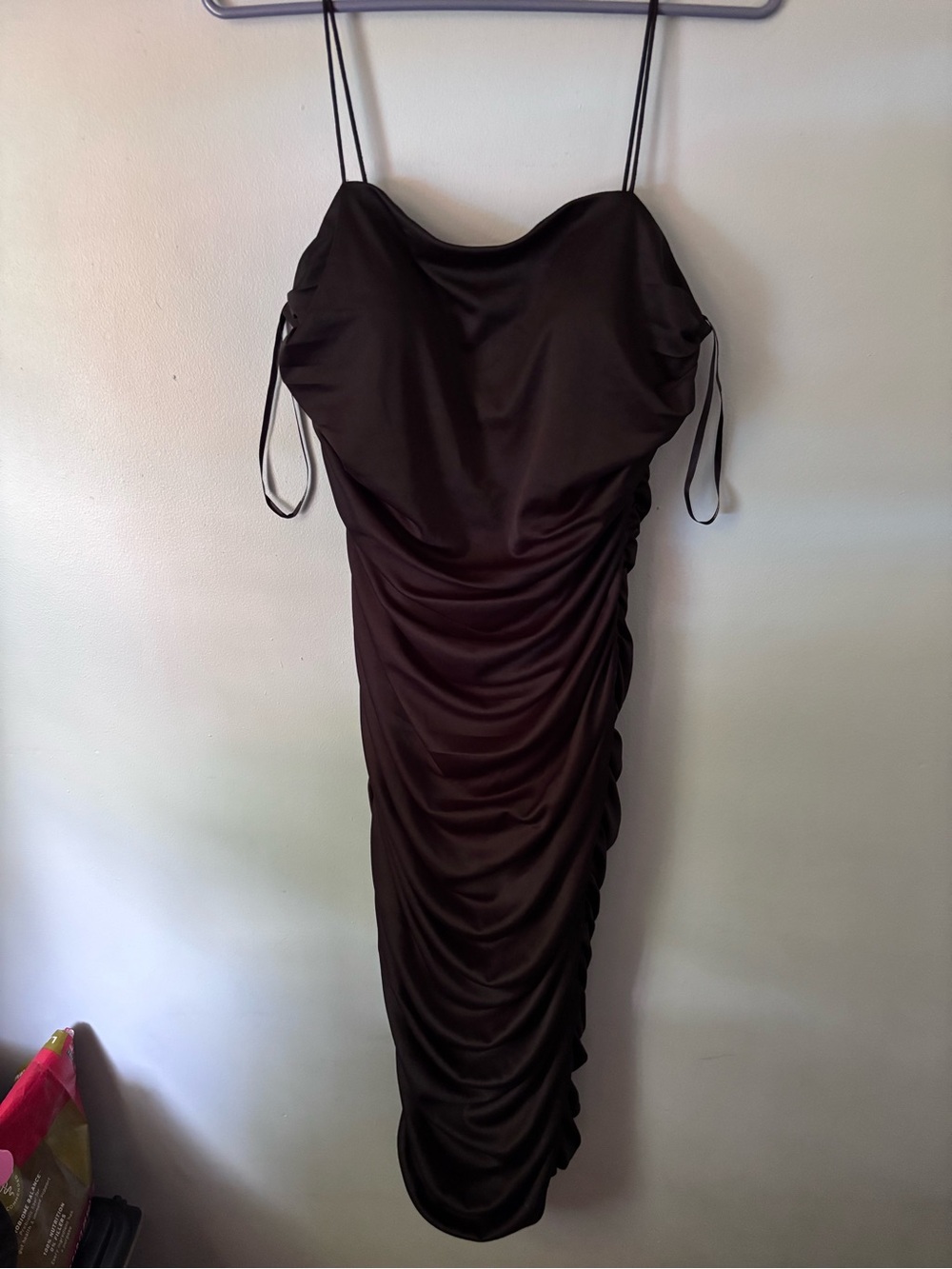 Ruched Satin Spaghetti-Strap Midi Dress - Black